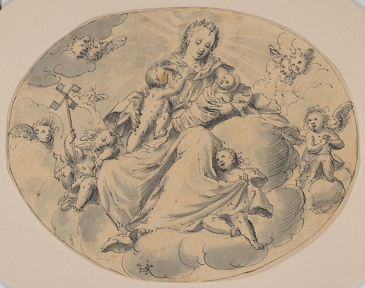 A Personification of Charity Seated on a Cloud, Surrounded by Putti, Monogrammist HSK (German, active ca. 1590–1600), Pen and black ink, brush and gray ink; oval framing line in pen and black ink 
