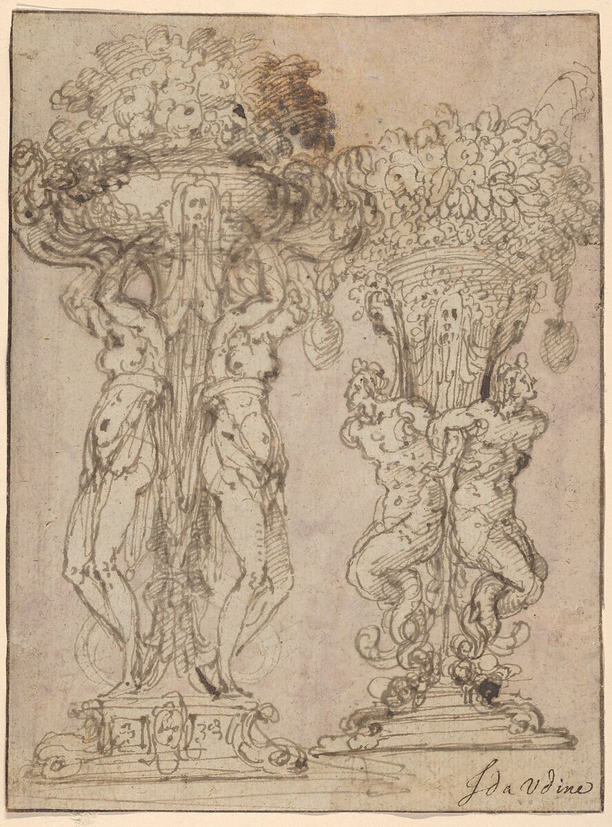 Two Designs for a Flower Pedestal, Guglielmo della Porta (Italian, Porlezza, near Lake Lugano ca. 1500–1577 Rome), Pen and brown ink, brush and purple wash 