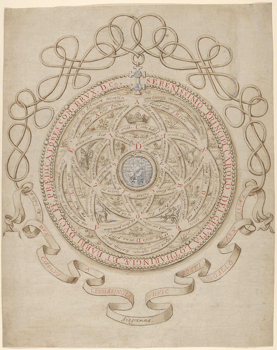 Anagram in Honor of Charles III, Duke of Lorraine and Bar, Aegidius Sadeler II (Netherlandish, Antwerp 1568–1629 Prague), Pen and brown, red and black ink, brown wash, white gouache; incised construction lines 