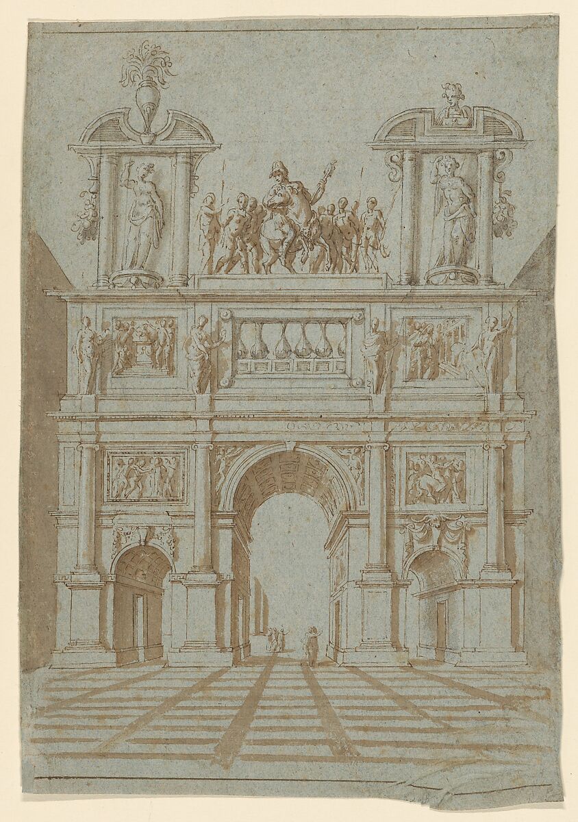 Design for a Triumphal Arch in Perspectival Rendering, Anonymous, British, 17th century, Pen and brown ink, brush and brown wash 