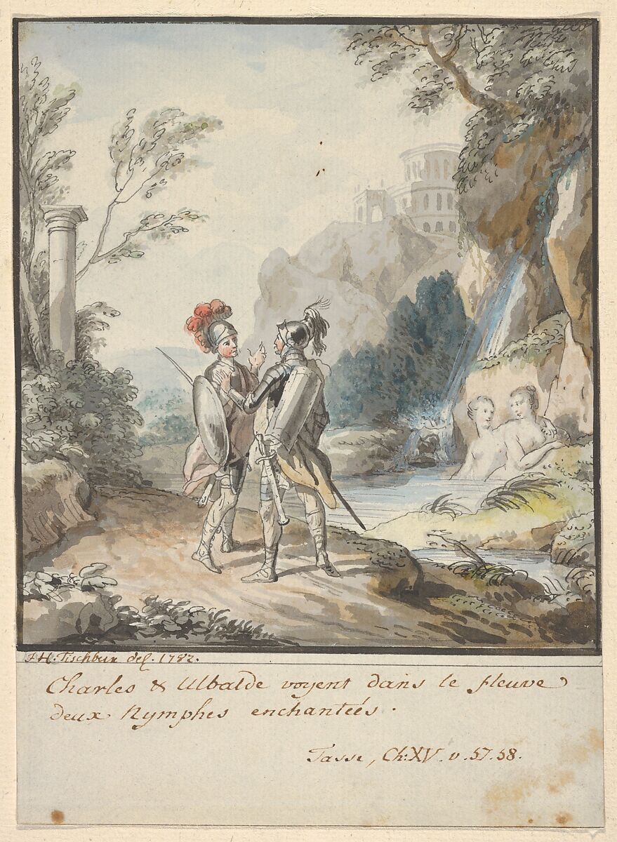 Carlo and Ubaldo Resisting the Enchantments of Armida's Nymphs (from Torquato Tasso's "Gerusalemme liberata", 15:57-58), Johann Heinrich Tischbein the Elder (German, Haina 1722–1789 Kassel), Pen and black ink, watercolor, white gouache, over graphite; framing line in black ink, by the artist 