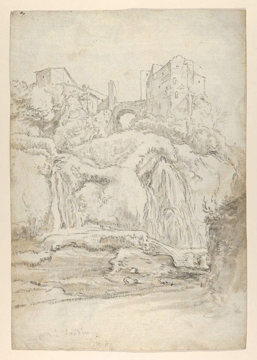 View of a Bridge and Waterfalls in Tivoli; verso: View of a Waterfall in Tivoli From Within a Cave, Guilliam du Gardijn (Dutch, Cologne ca. 1595/96–after 1647 Amsterdam (?)), Black chalk, brush and brown and gray ink 