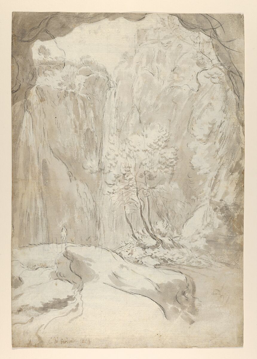View of a Bridge and Waterfalls in Tivoli (recto); View of a Waterfall in Tivoli From Within a Cave (verso), Guilliam du Gardijn (Dutch, Cologne ca. 1595/96–after 1647 Amsterdam (?)), Black chalk, brush and brown and gray ink