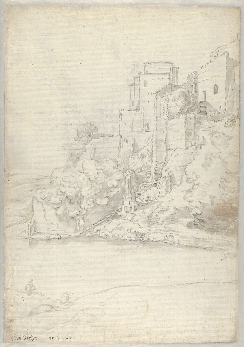 View of the Ponte San Rocco at Tivoli; verso: Buildings on the River Aniene near Tivoli (?), Guilliam du Gardijn (Dutch, Cologne ca. 1595/96–after 1647 Amsterdam (?)), Brush and gray ink, black chalk