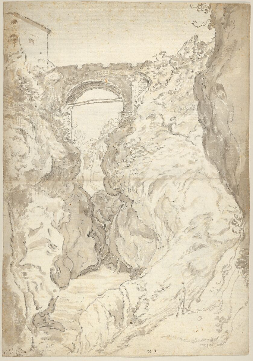 View of the Ponte San Rocco at Tivoli; verso: Buildings on the River Aniene near Tivoli (?), Guilliam du Gardijn (Dutch, Cologne ca. 1595/96–after 1647 Amsterdam (?)), Brush and gray ink, black chalk 