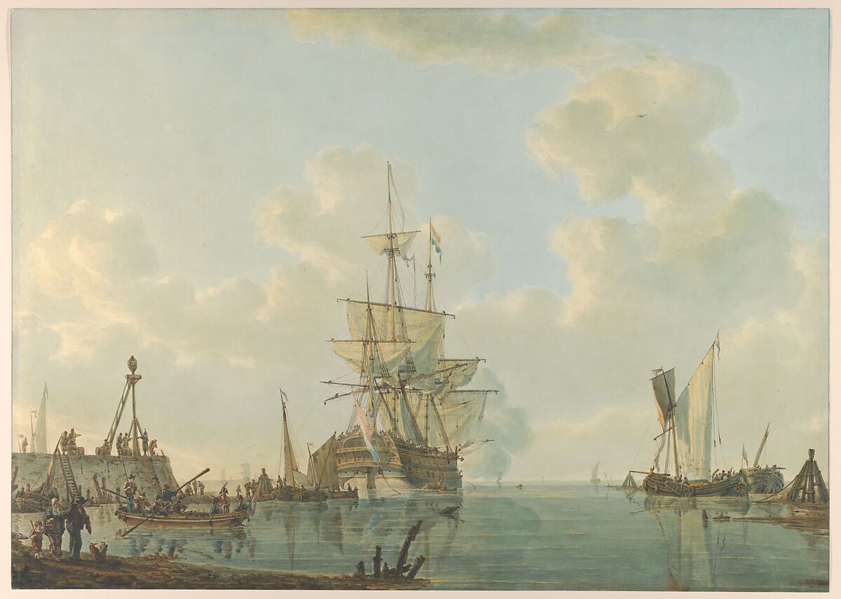 A Man O'War Lying at Anchor, Johannes Christiaan Schotel (Dutch, Dordrecht 1787–1838 Dordrecht), Pen and brown ink, watercolor; framing line in graphite 