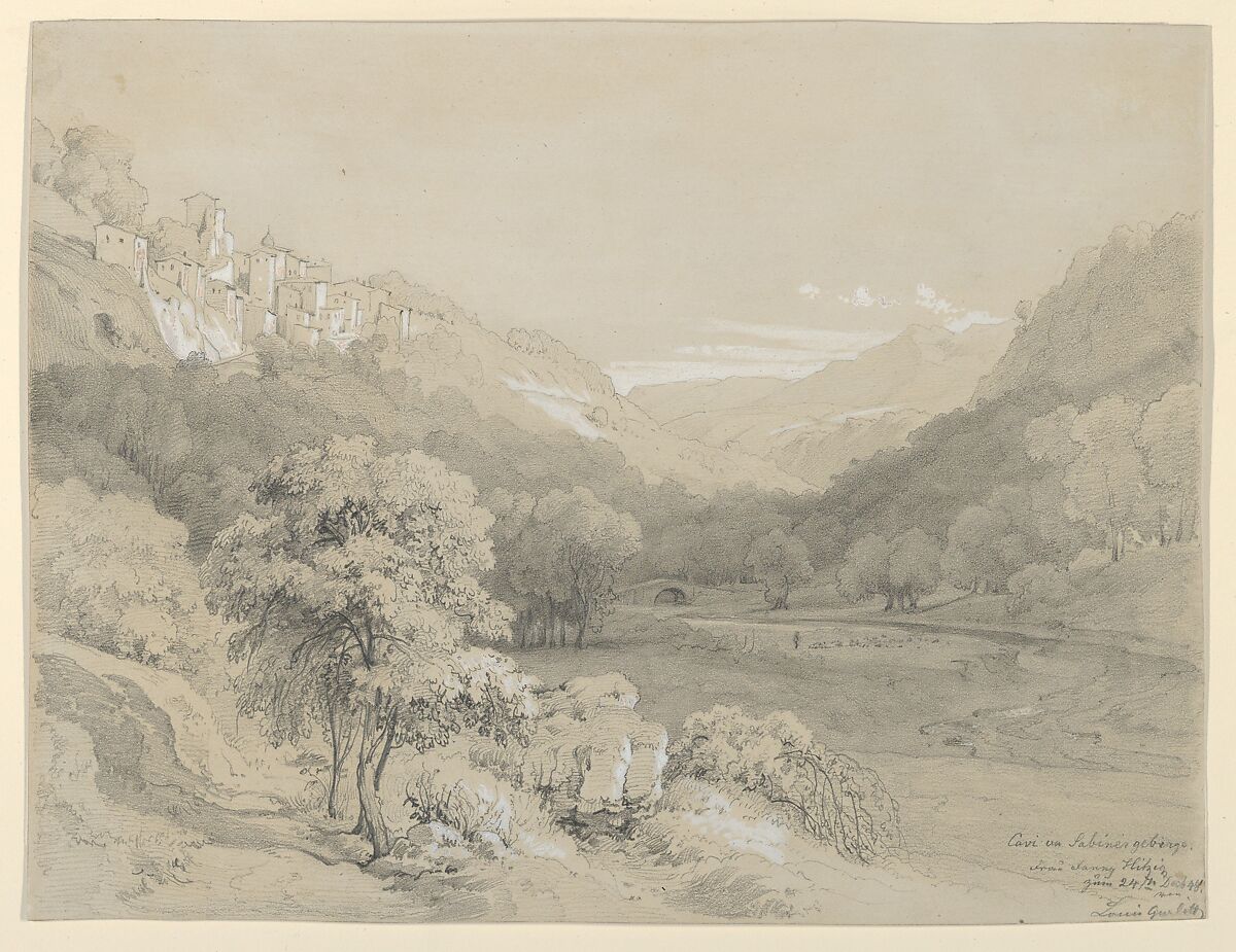 A View of Cavi in the Sabine Hills, Louis Gurlitt (German, Altona 1812–1897 Naundorf, Saxony), Graphite, heightened with white gouache, on light brown paper 