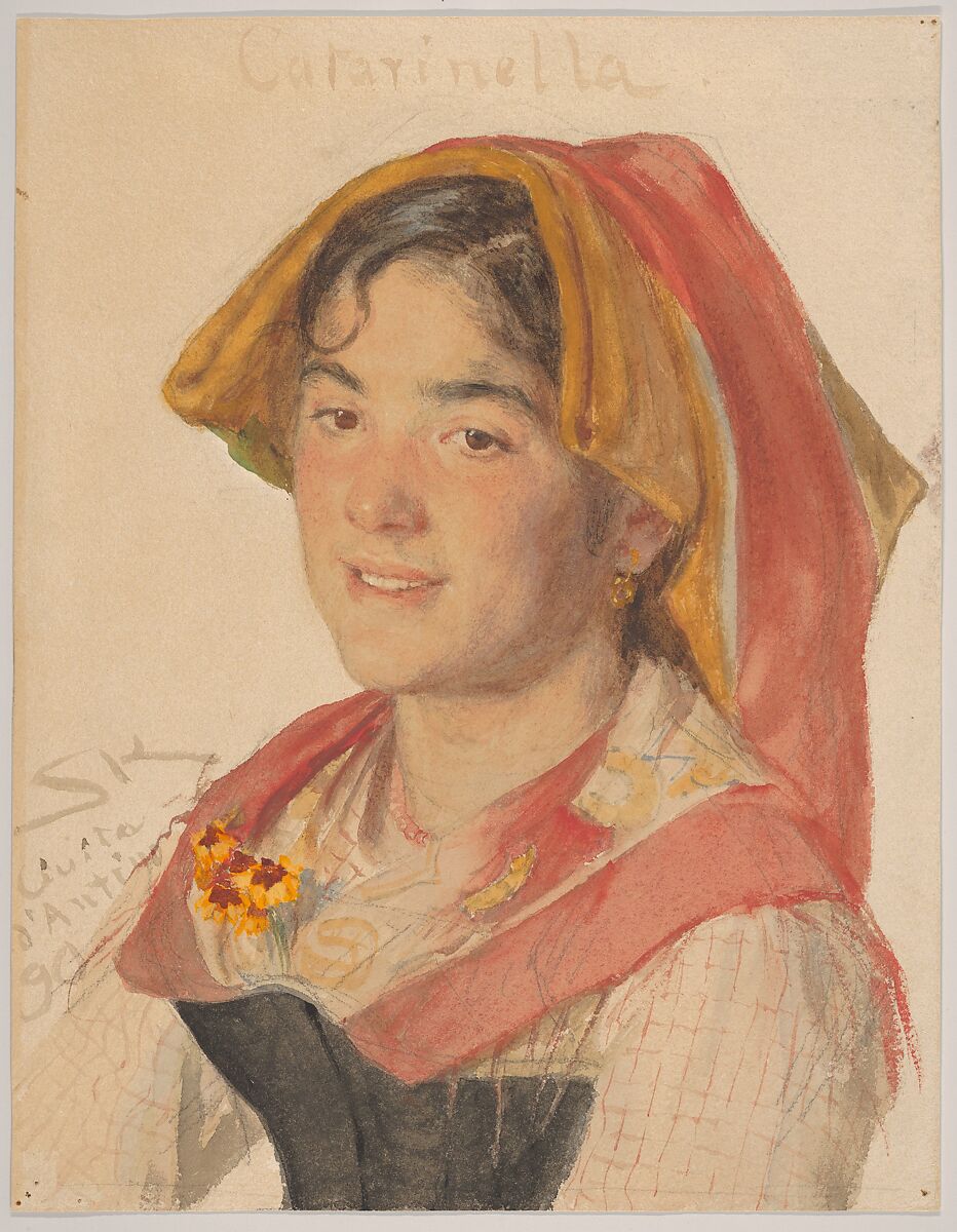 Head of an Girl from Civita d'Antino in Regional Dress ("Catarinella"), Peder Severin Krøyer (Danish, Stavanger 1851–1909 Skagen), Watercolor, over graphite 