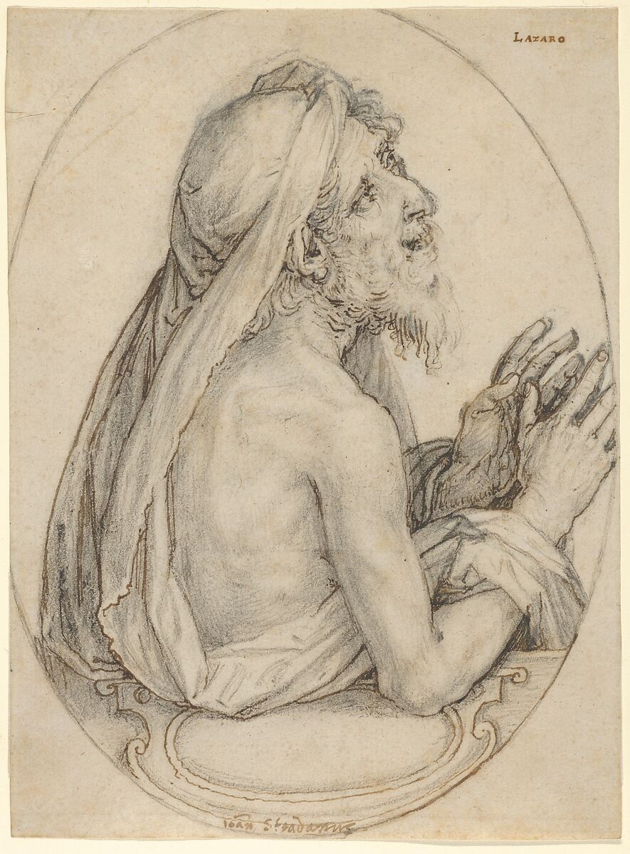 Lazarus, Jan van der Straet, called Stradanus (Netherlandish, Bruges 1523–1605 Florence), Pen and brown ink, over graphite; oval framing line in black chalk, by the artist 