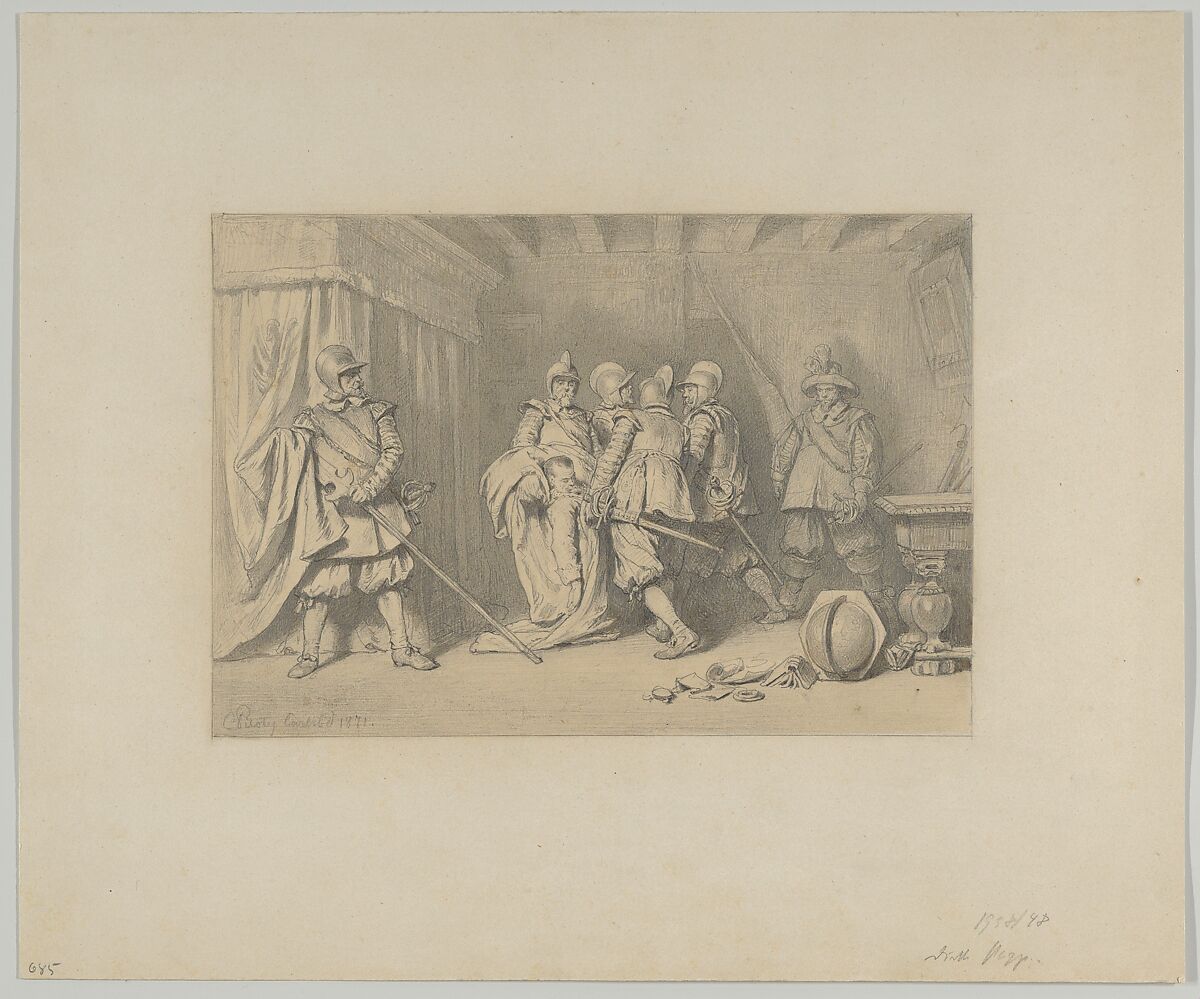 The Dead Wallenstein Being Carried Away by Soldiers, Karl Theodor von Piloty (German, Munich 1826–1886 Ambach bei Munich), Graphite, brown wash (?) 