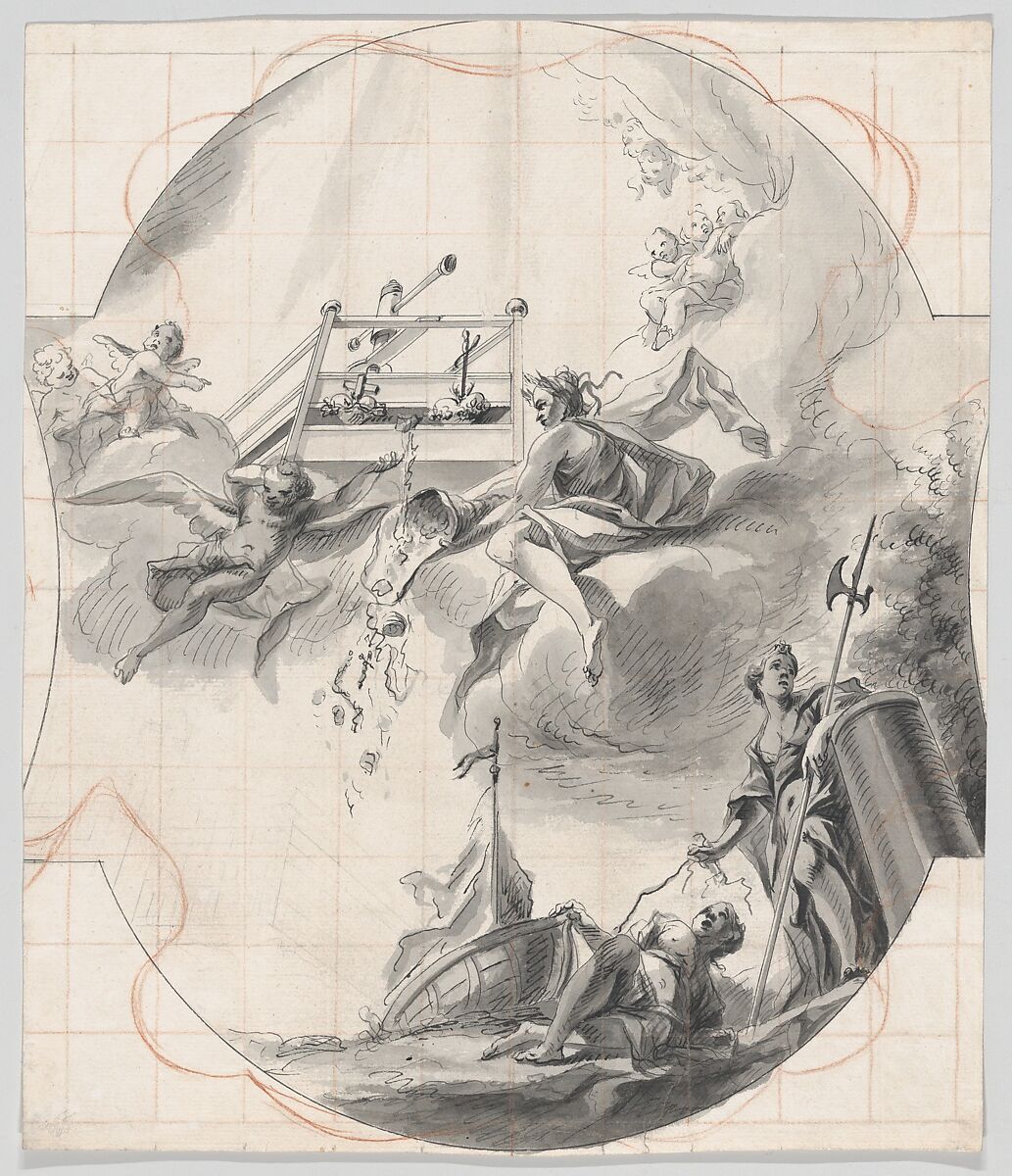 Ceiling Design with the Mystical Wine Press, Johann Georg Dieffenbrunner (German, Mittenwald 1718–1785 Augsburg), Pen and black ink, gray wash, red chalk, squared in red and black chalk