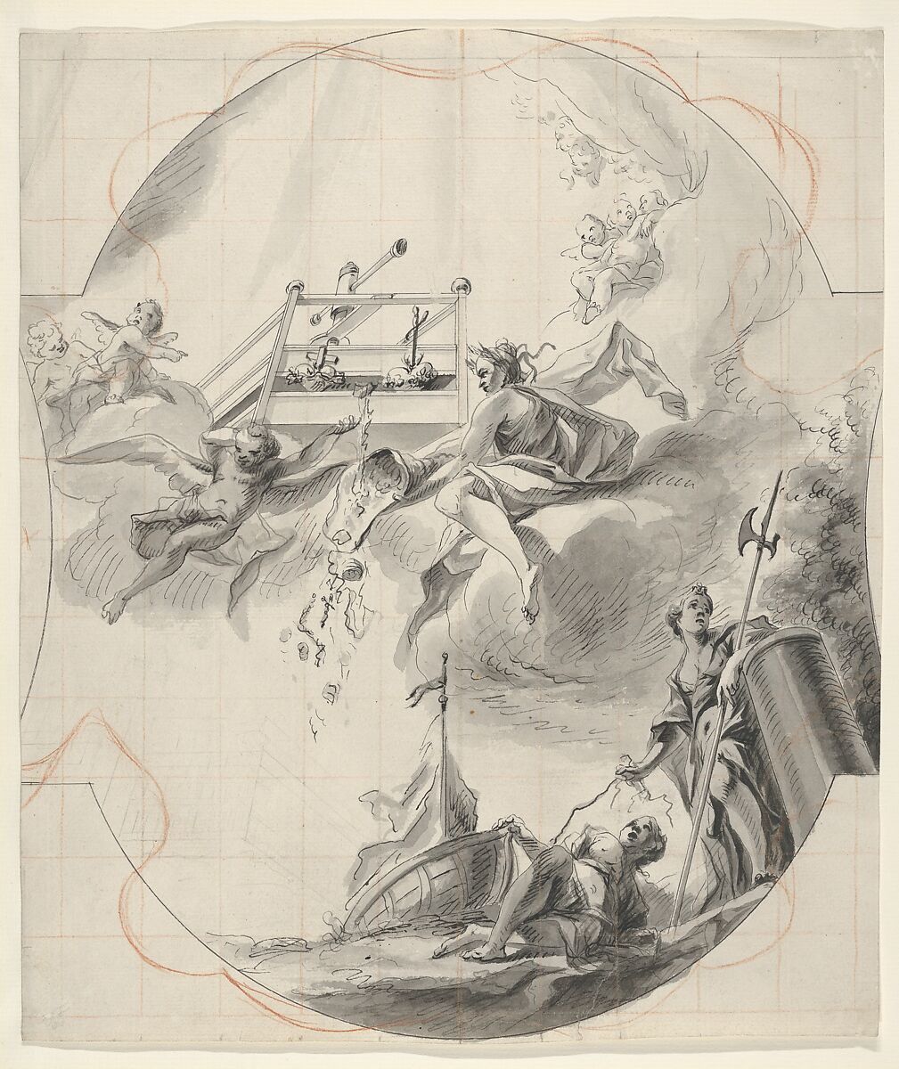 Ceiling Design with the Mystical Wine Press, Johann Georg Dieffenbrunner (German, Mittenwald 1718–1785 Augsburg), Pen and black ink, gray wash, red chalk, squared in red and black chalk 