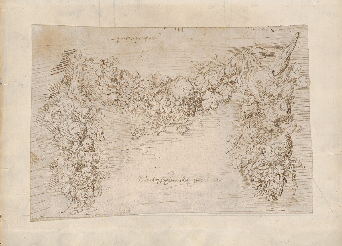 Study of a Garland of Fruits and Vegetables, Martinus Saeghmolen (Dutch, Oldenburg ca. 1620–1669 Amsterdam), Pen and brown ink