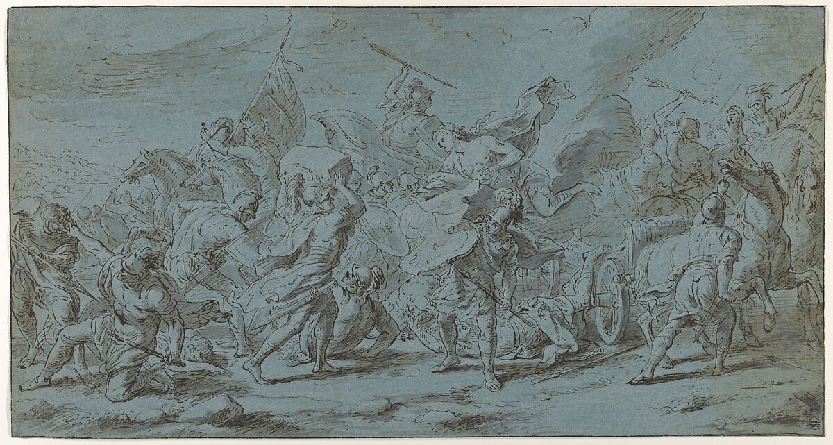 The Battle of Diomedes and Aeneas (from the Story of Achilles), Jan van Orley (Flemish, Brussels 1665–1735 Brussels), Pen and brown ink, brush and gray ink, heightened with white chalk, on blue paper; framing line in pen and brown ink, by the artist 