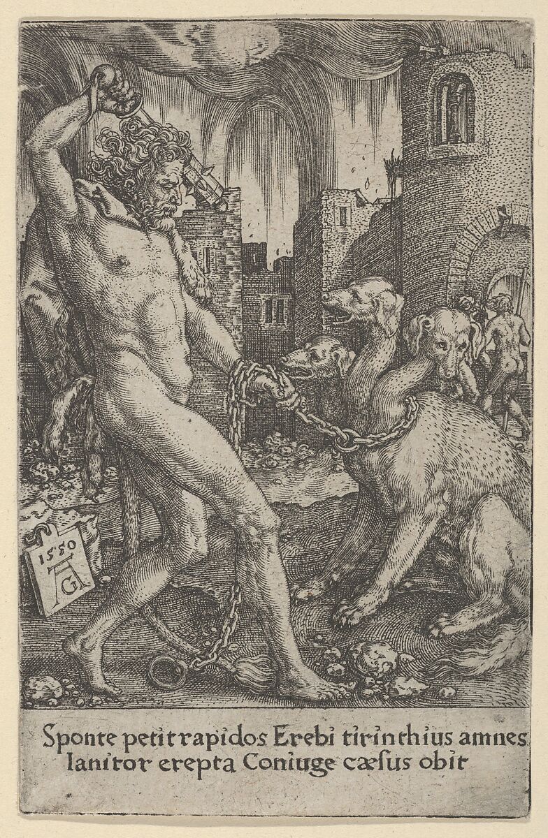 Hercules and Cerberus, from The Labors of Hercules, Heinrich Aldegrever (German, Paderborn ca. 1502–1555/1561 Soest), Engraving 