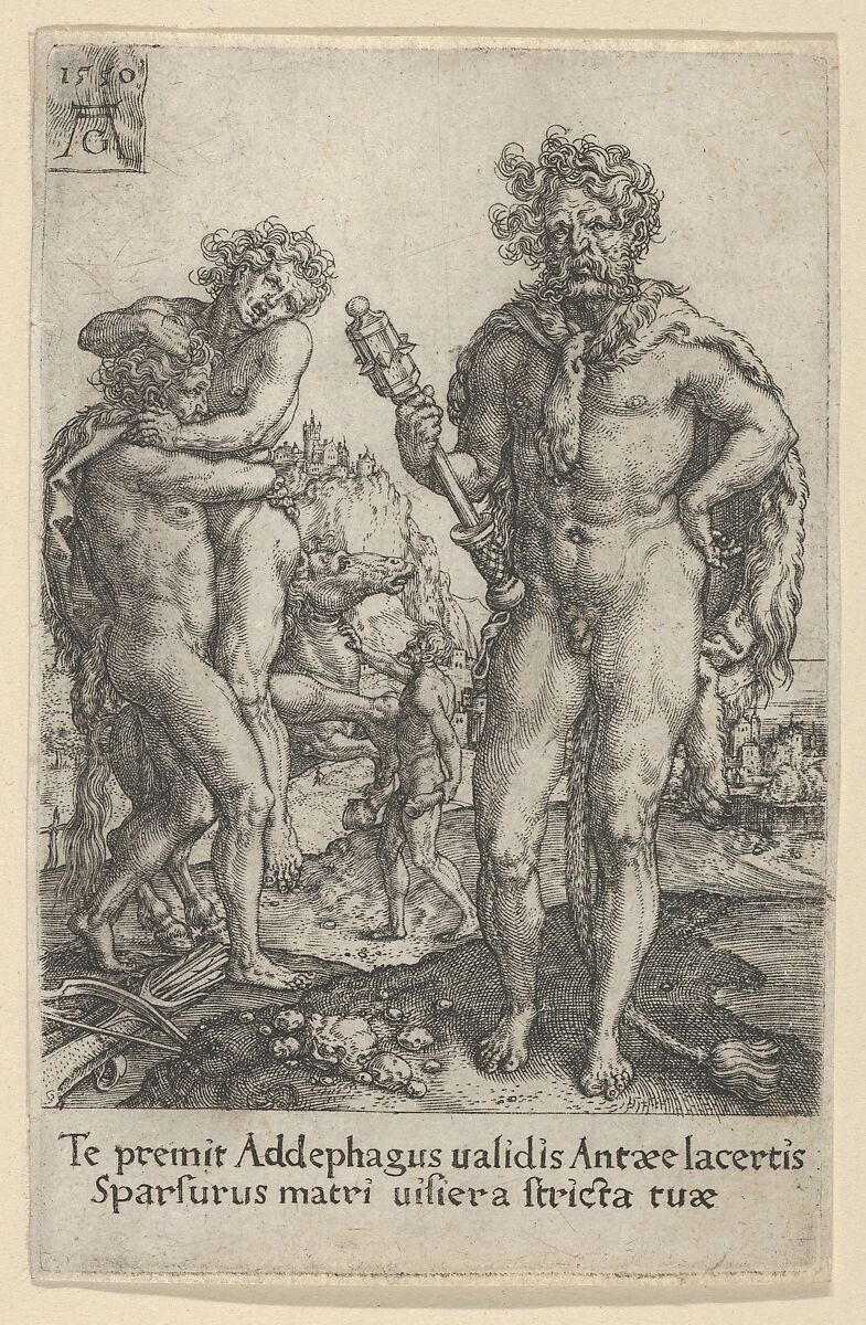 Hercules Squeezing Antaeus to Death, from The Labors of Hercules, Heinrich Aldegrever (German, Paderborn ca. 1502–1555/1561 Soest), Engraving 
