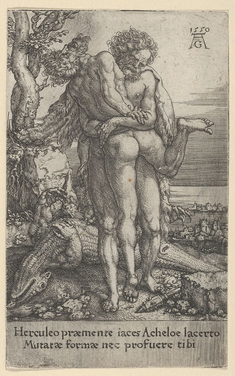 Hercules Fighting the River-God Achelous, from The Labors of Hercules, Heinrich Aldegrever (German, Paderborn ca. 1502–1555/1561 Soest), Engraving 