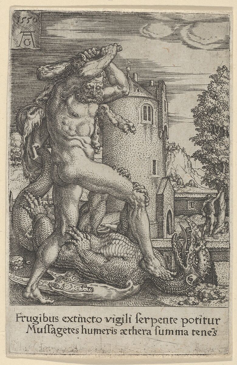 Hercules Killing the Dragon Ladon, from The Labors of Hercules, Heinrich Aldegrever (German, Paderborn ca. 1502–1555/1561 Soest), Engraving 