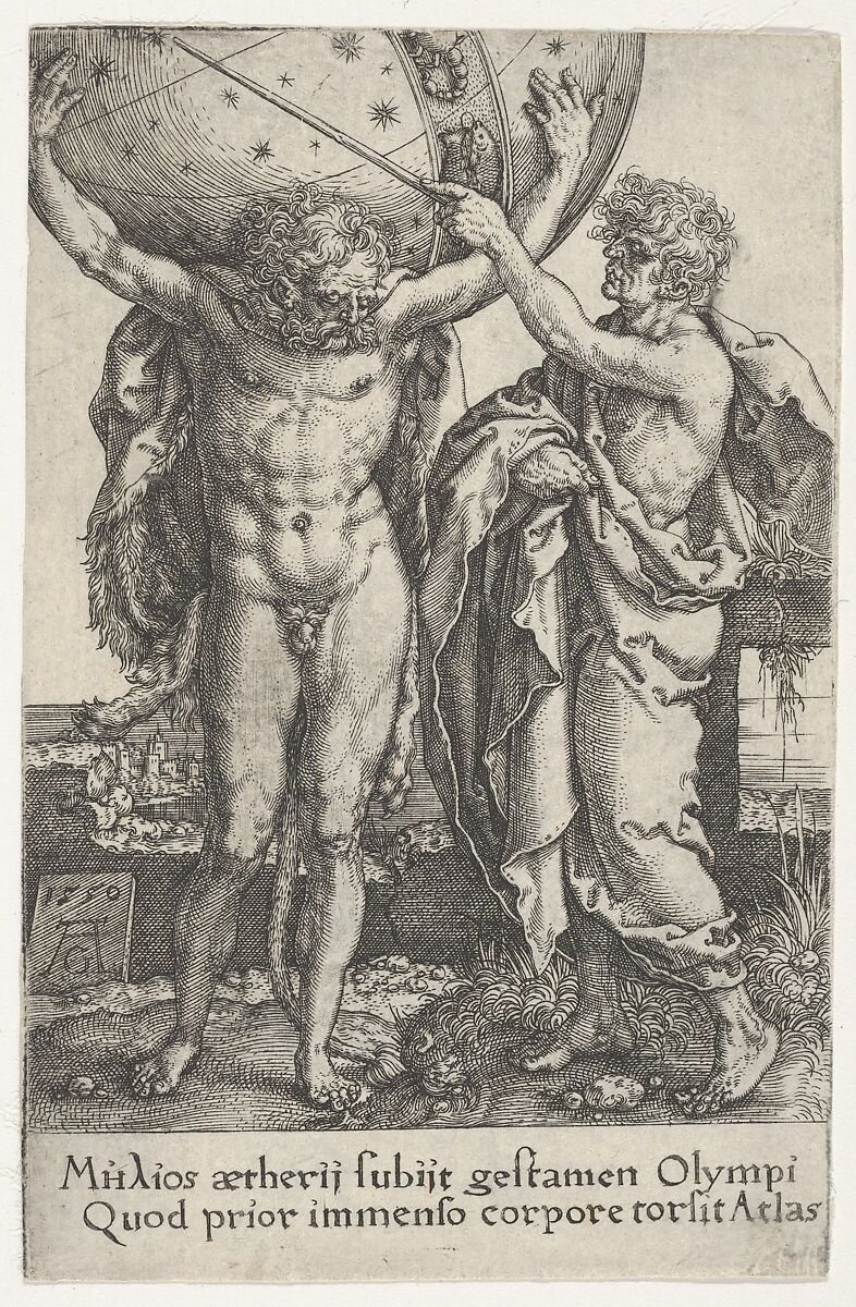 Hercules and Atlas, from "The Labors of Hercules", Heinrich Aldegrever (German, Paderborn ca. 1502–1555/1561 Soest), Engraving 