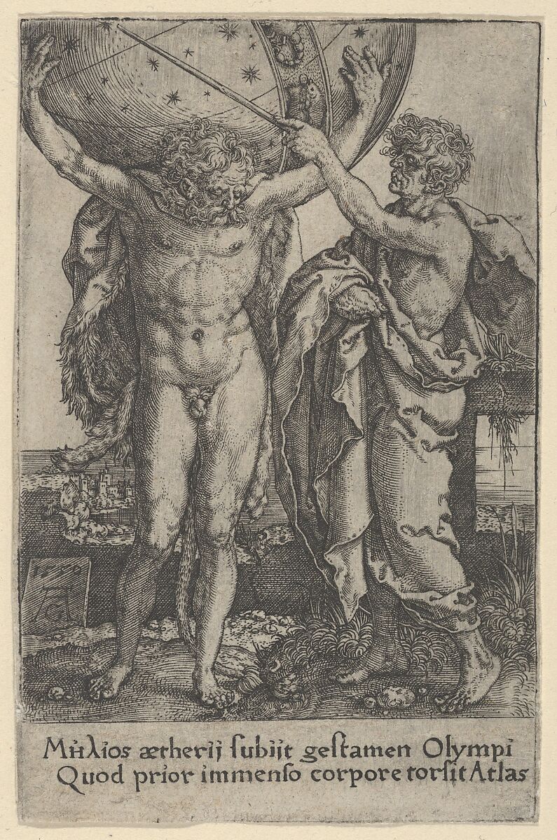 Hercules and Atlas, from The Labors of Hercules, Heinrich Aldegrever (German, Paderborn ca. 1502–1555/1561 Soest), Engraving 