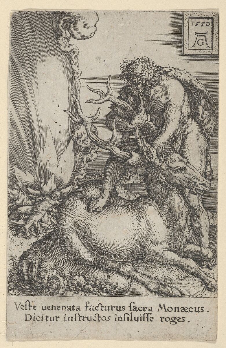 Hercules and the Hind, from The Labors of Hercules, Heinrich Aldegrever (German, Paderborn ca. 1502–1555/1561 Soest), Engraving 