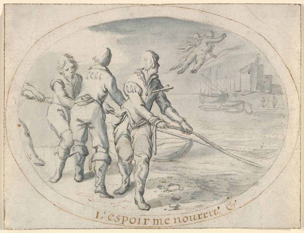 Emblem Drawing ("Hope sustains me"), Jacob Matham (Netherlandish, Haarlem 1571–1631 Haarlem), Pen and brown ink, brush and blue-gray wash; double framing lines in pen and brown ink, by the artist; framing lines in pen and brown ink, by a later hand 