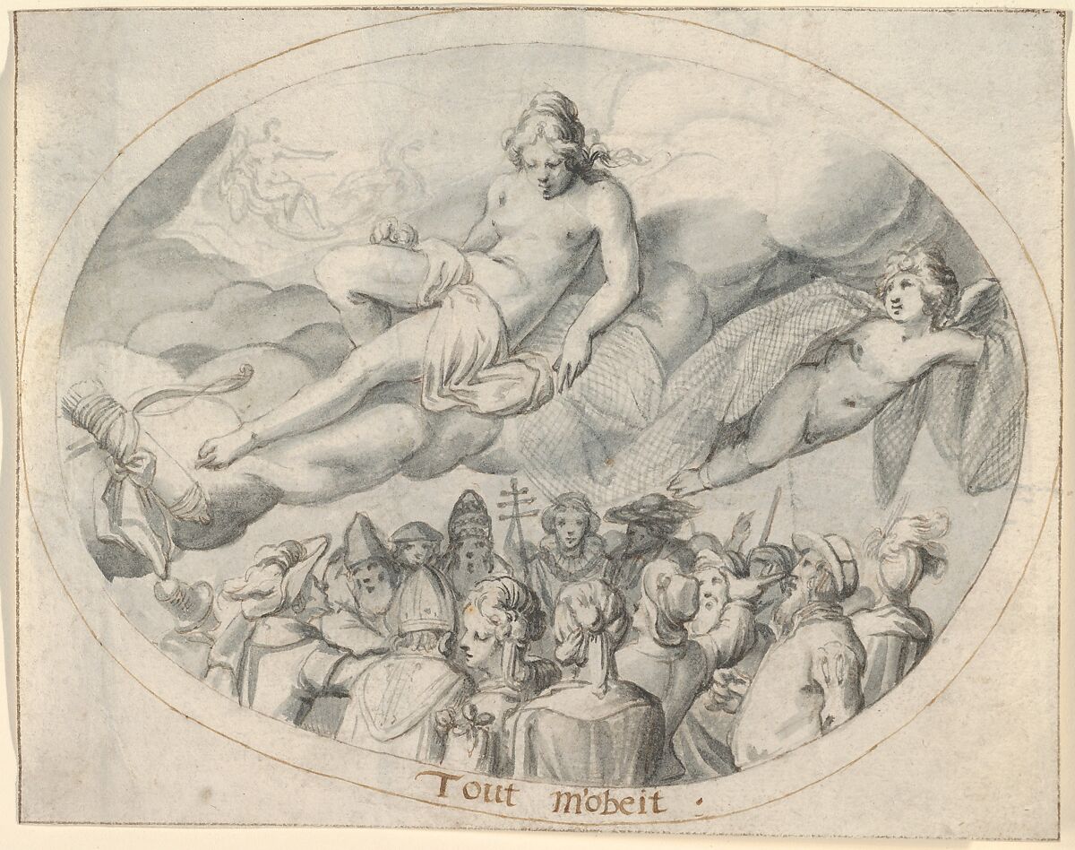 Emblem Drawing ("I rule everything"), Jacob Matham (Netherlandish, Haarlem 1571–1631 Haarlem), Pen and brown ink, brush and blue-gray ink; double oval framing line in pen and brown ink, by the artist; framing line in pen and brown ink, by a later hand 