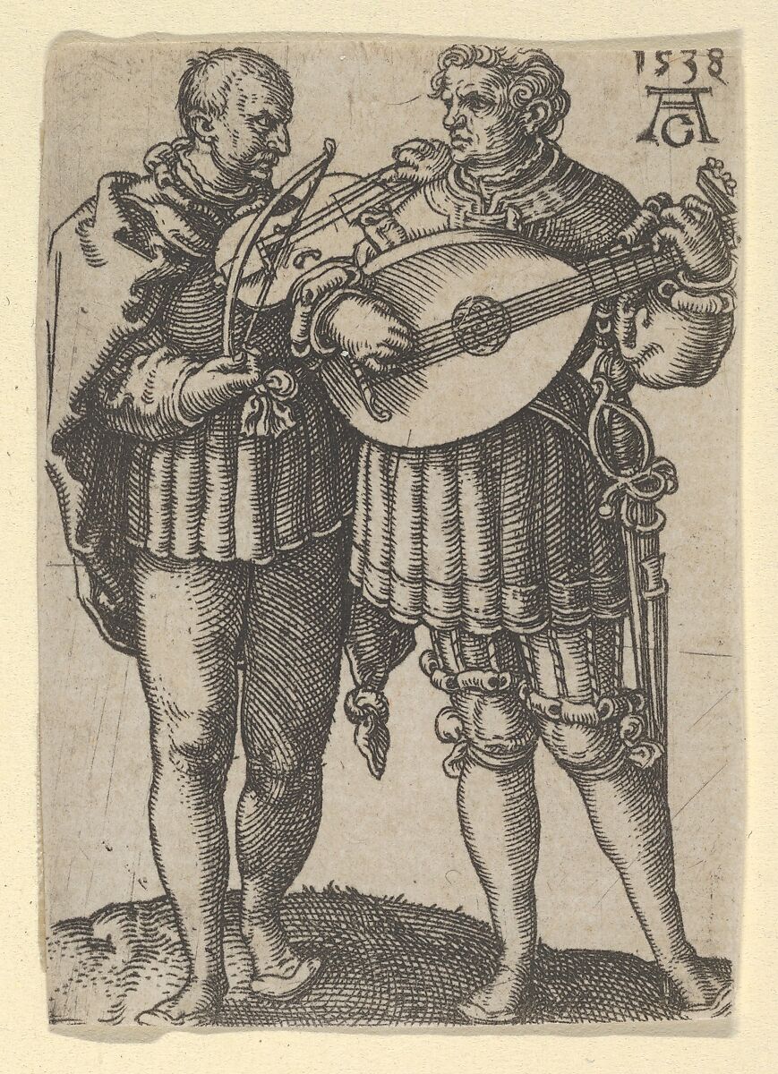 Two Musicians Playing the Violin and the Lute, from "The Small Wedding Dancers", Heinrich Aldegrever (German, Paderborn ca. 1502–1555/1561 Soest), Engraving 