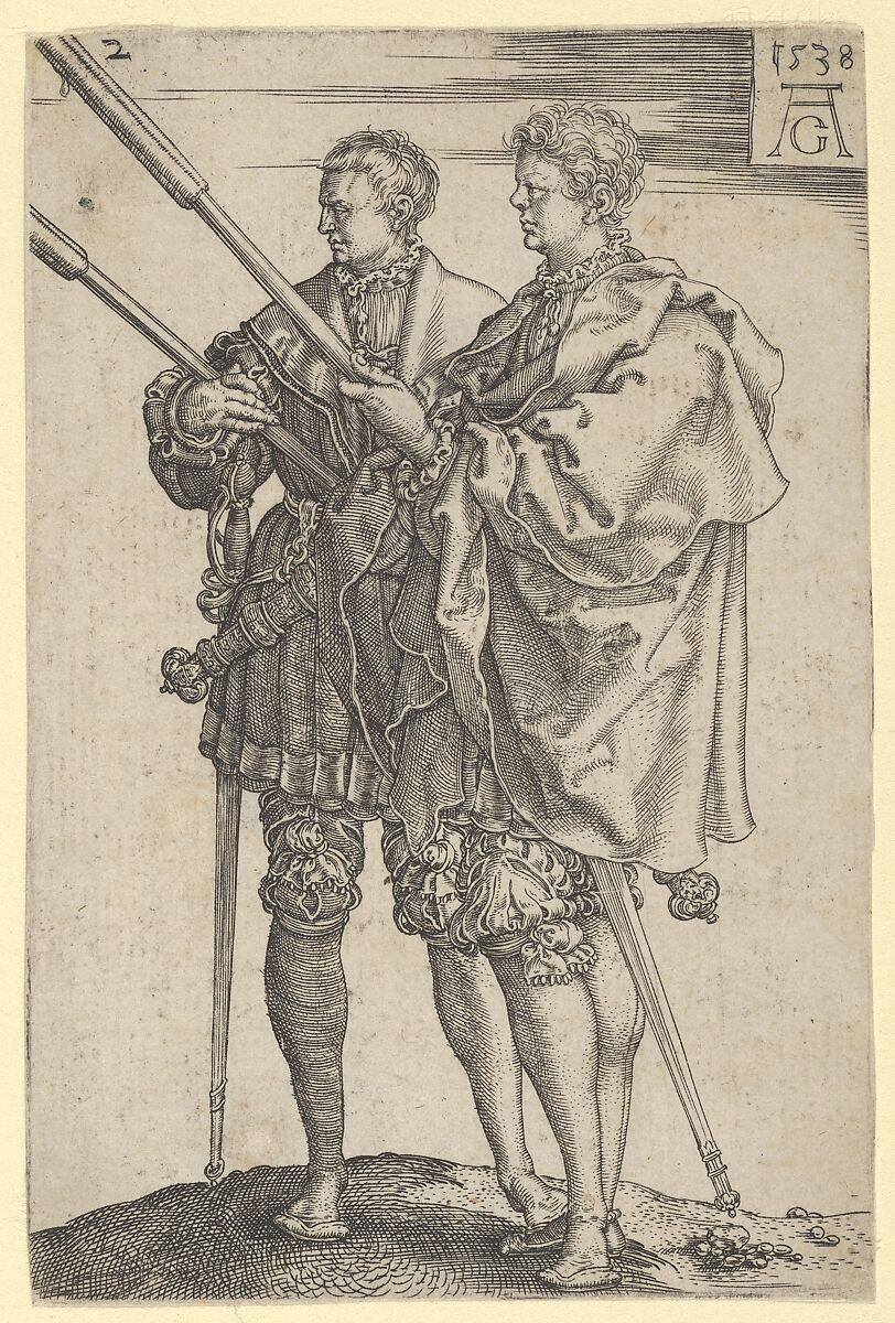 Two Torch-Bearers, from "The Large Wedding Dancers", Heinrich Aldegrever (German, Paderborn ca. 1502–1555/1561 Soest), Engraving 