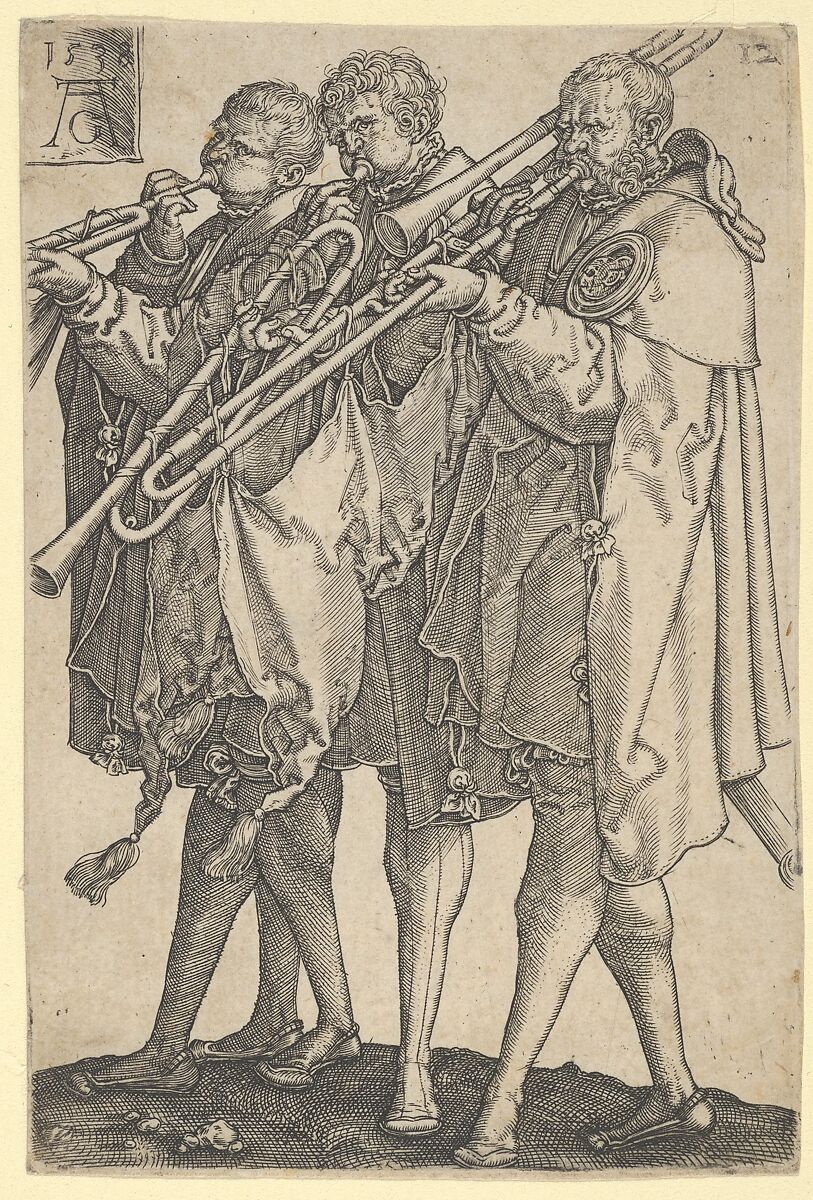 Three Trombonists, from "The Large Wedding Dancers", Heinrich Aldegrever (German, Paderborn ca. 1502–1555/1561 Soest), Engraving 