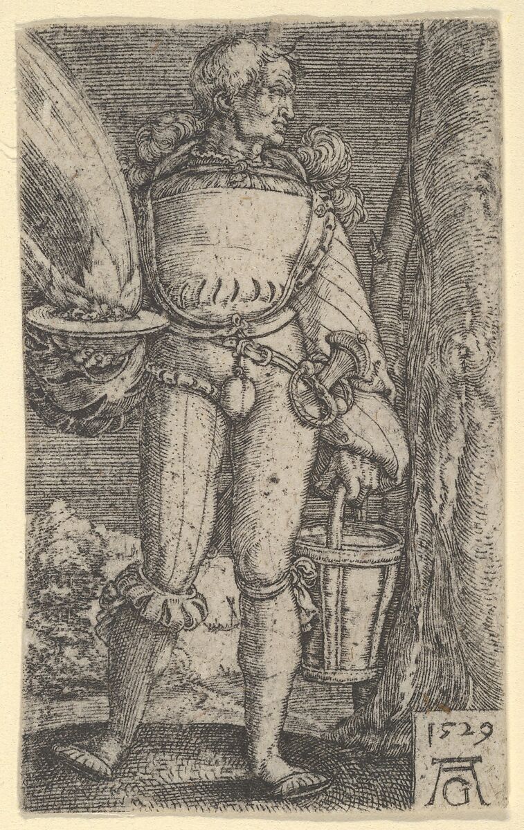 Foot-Soldier with Fire-Pan and Bucket, Heinrich Aldegrever (German, Paderborn ca. 1502–1555/1561 Soest), Engraving 