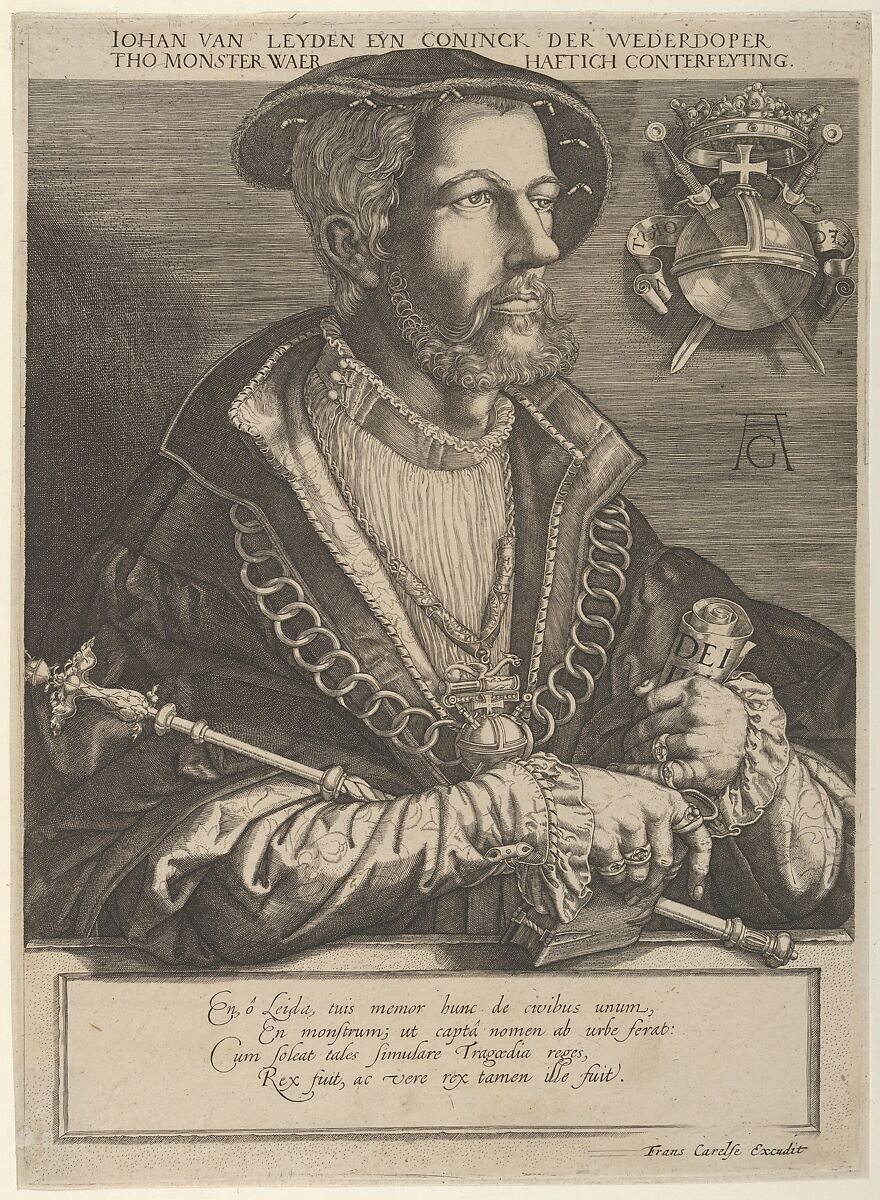 Portrait of Jan van Leiden, a Dutchman and leader of the Münster Anabaptists, Jan Muller (Netherlandish, Amsterdam 1571–1628 Amsterdam), Engraving; New Hollstein’s fourth state of five 
