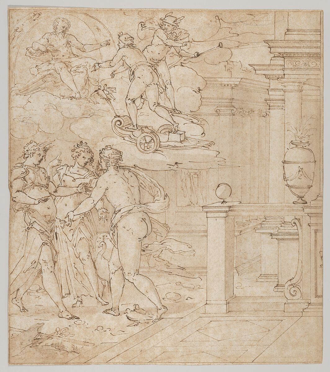 Tapestry Design with  Venus seeking help from Juno, Ceres and Jupiter, Giovanni Battista Castello, called Il Bergamasco (Italian, Gandino 1509–1569 Madrid), Pen and brown ink, partially over black chalk with a gray-brown wash 