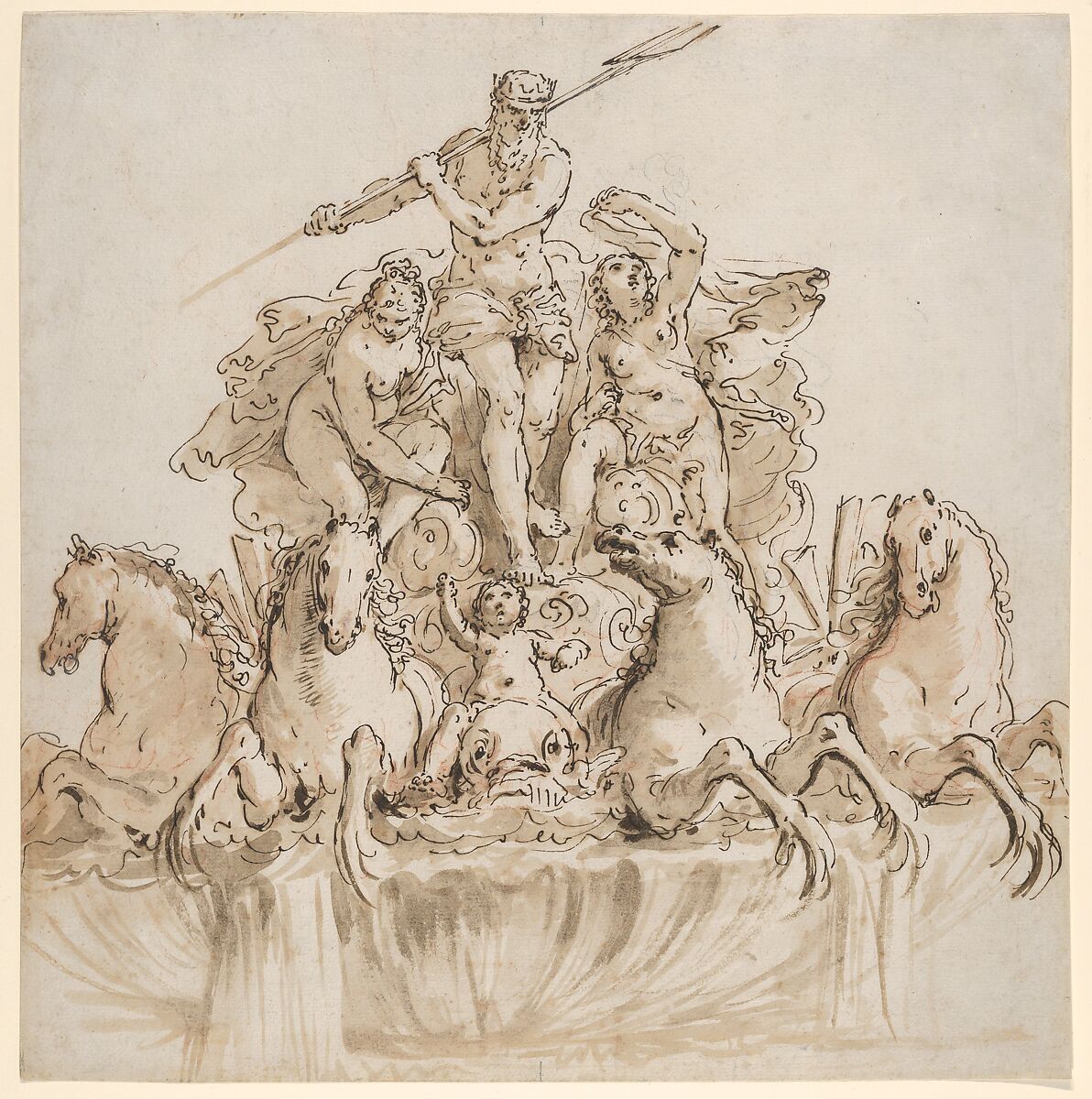 Design for a Fountain with Neptune in his Chariot, Francesco Fontebasso (Italian, Venice 1707–1769 Venice), Black and red chalk, pen and brown ink, brush and brown wash 