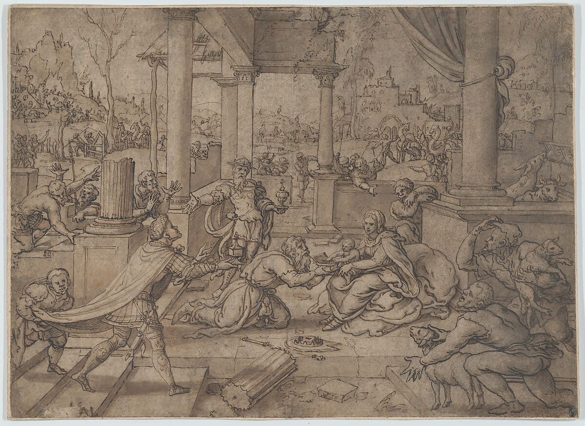 The Adoration of the Magi, Circle of Bernard van Orley (Netherlandish, Brussels ca. 1492–1541/42 Brussels), Pen and brown ink, brown wash, over black chalk, on brown-gray (prepared?) paper 