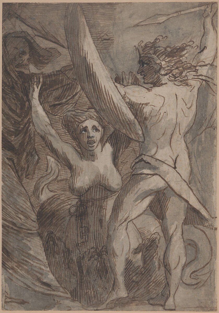 Satan, Sin, and Death: "Death and Sin met by Satan on his Return from Earth", James Barry (Irish, Cork 1741–1806 London), Graphite, brush and brown ink, gray and brown wash heightened with touches of white 