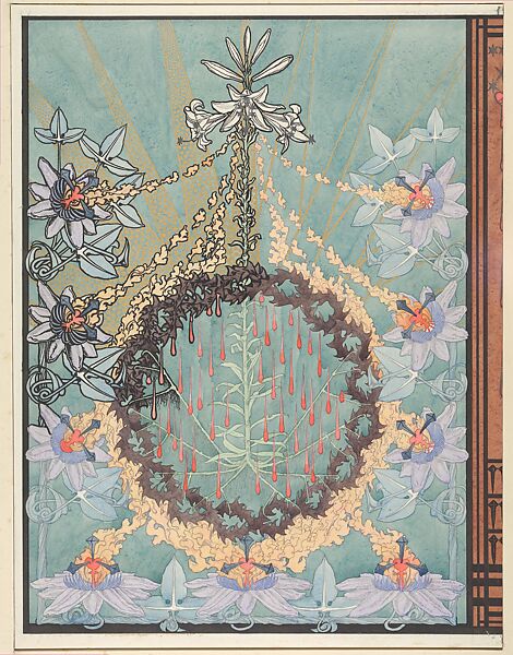 Designs for the Front and Back Cover of "L'Evangile de Notre Seigneur Jesus-Christ selon Saint Pierre", Carlos Schwabe (German, Altona 1866–1927 Paris, (active Switzerland and France from 1884)), Watercolor over graphite with partial gilding; design for the back cover partially outlined with pen and black ink