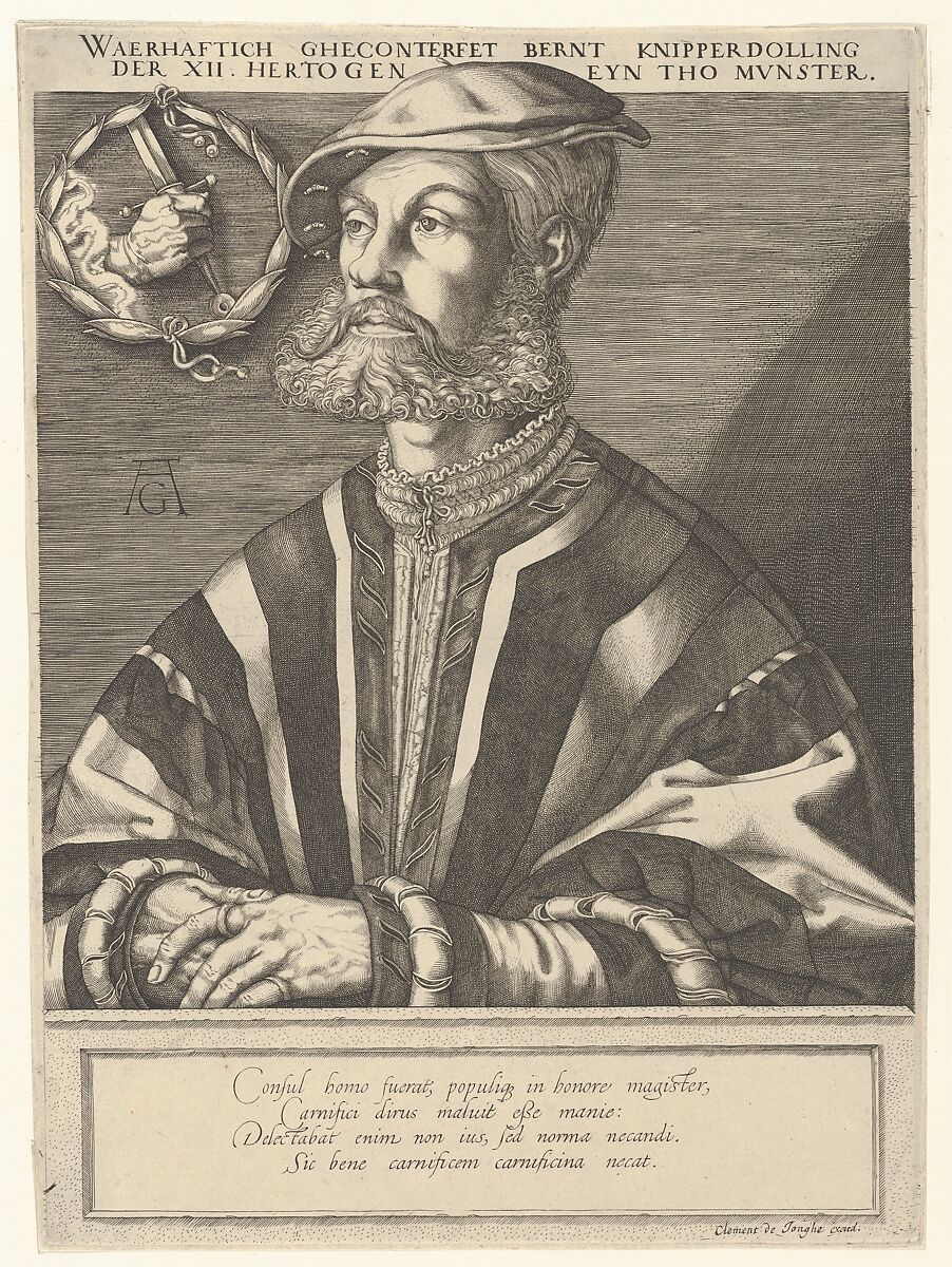 Portrait of Bernt Knipperdolling, a leader of the Münster Anabaptists, Jan Muller (Netherlandish, Amsterdam 1571–1628 Amsterdam), Engraving, New Hollstein third state of five 