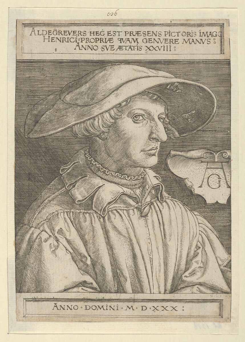 Self-Portrait at Age Twenty-Eight, Heinrich Aldegrever (German, Paderborn ca. 1502–1555/1561 Soest), Engraving; second state of two 