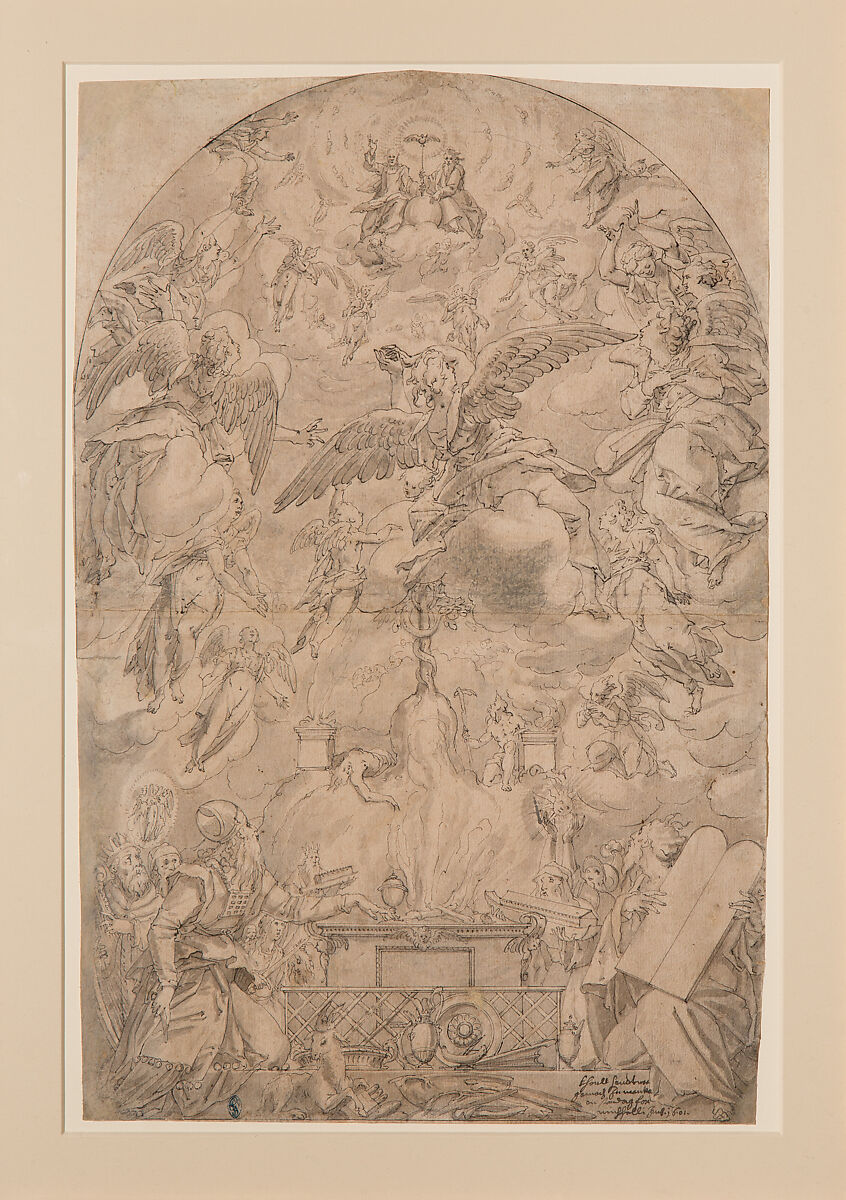The Adoration of the Holy Trinity in the Old Covenant, Karl Sandtner (German, active Mantua, ca. 1601), Pen and black ink, brush and gray ink; framing line in pen and black ink, by the artist 