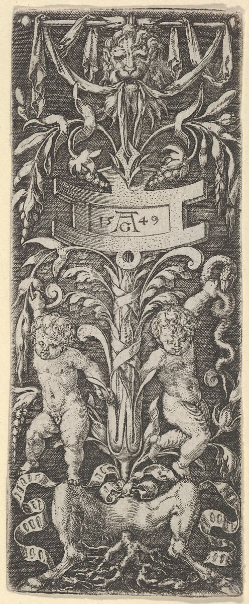 Panel of Ornament with Two Nude Boys Standing on the Legs of a Satyr, Heinrich Aldegrever (German, Paderborn ca. 1502–1555/1561 Soest), Engraving 