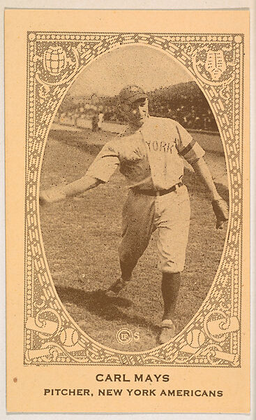 Carl Mays, Pitcher, New York Americans, from the American Caramel Baseball Players series (E120) for the American Caramel Company, Issued by American Caramel Company, Lancaster and York, Pennsylvania, Photolithograph 