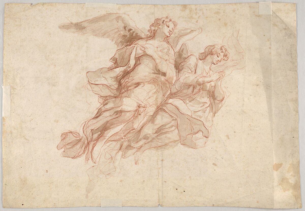 Two Angels Flying; verso: God the Father Seated in the Clouds and a Sketch of a Figure Flying, Cosmas Damian Asam (German, Benediktbeuern 1686–1739 Munich), Red chalk, brush and brown ink; verso: red chalk, brush and brown ink, graphite, heightened with white gouache 