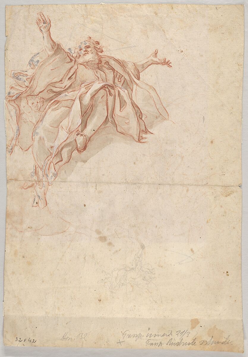 Two Angels Flying; verso: God the Father Seated in the Clouds and a Sketch of a Figure Flying, Cosmas Damian Asam (German, Benediktbeuern 1686–1739 Munich), Red chalk, brush and brown ink; verso: red chalk, brush and brown ink, graphite, heightened with white gouache