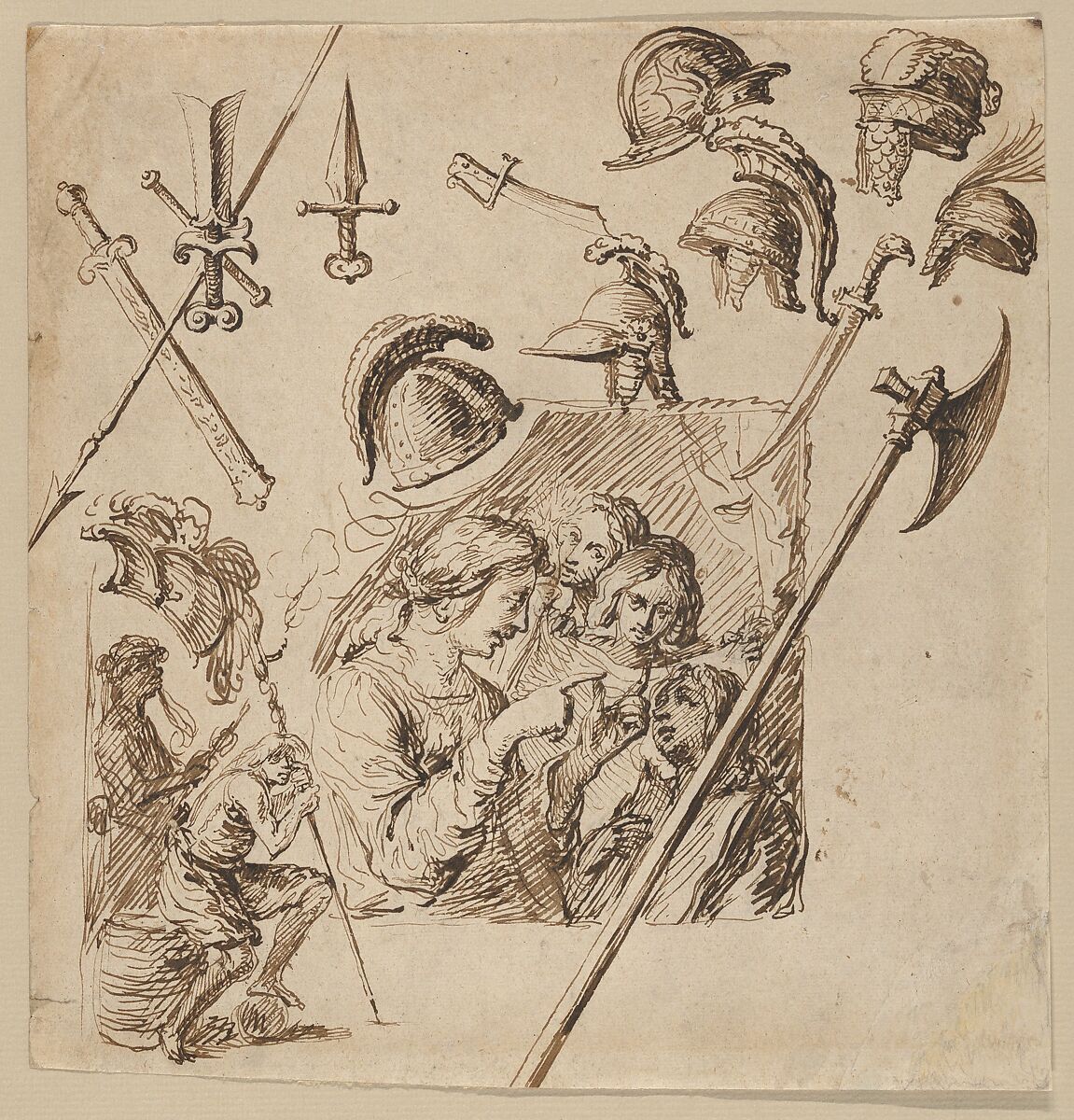 Sheet with Two Figural Compositions and Studies of Helmets and Arms, Jacques de Gheyn II (Netherlandish, Antwerp 1565–1629 The Hague), Pen and brown ink, over black chalk 