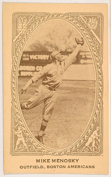 Mike Menosky, Outfield, Boston Americans, from the American Caramel Baseball Players series (E120) for the American Caramel Company, Issued by American Caramel Company, Lancaster and York, Pennsylvania, Photolithograph 