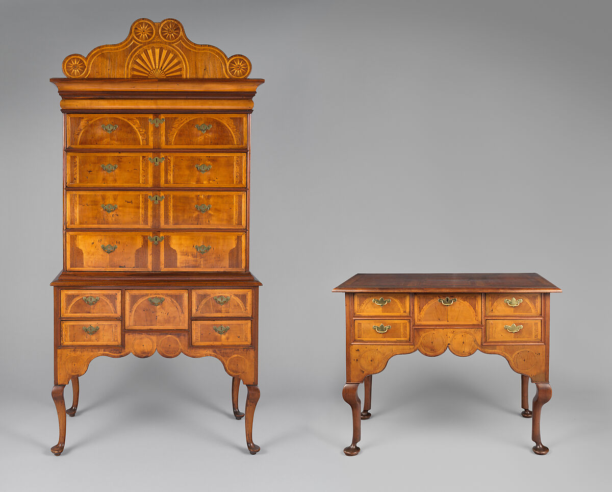 High Chest of Drawers, Walnut , white pine, burl walnut veneers, mahogany; brass, American