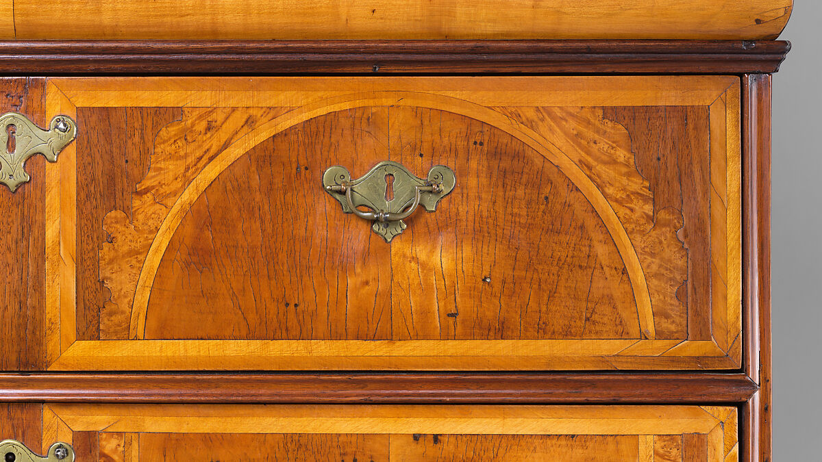 High Chest of Drawers, Walnut , white pine, burl walnut veneers, mahogany; brass, American