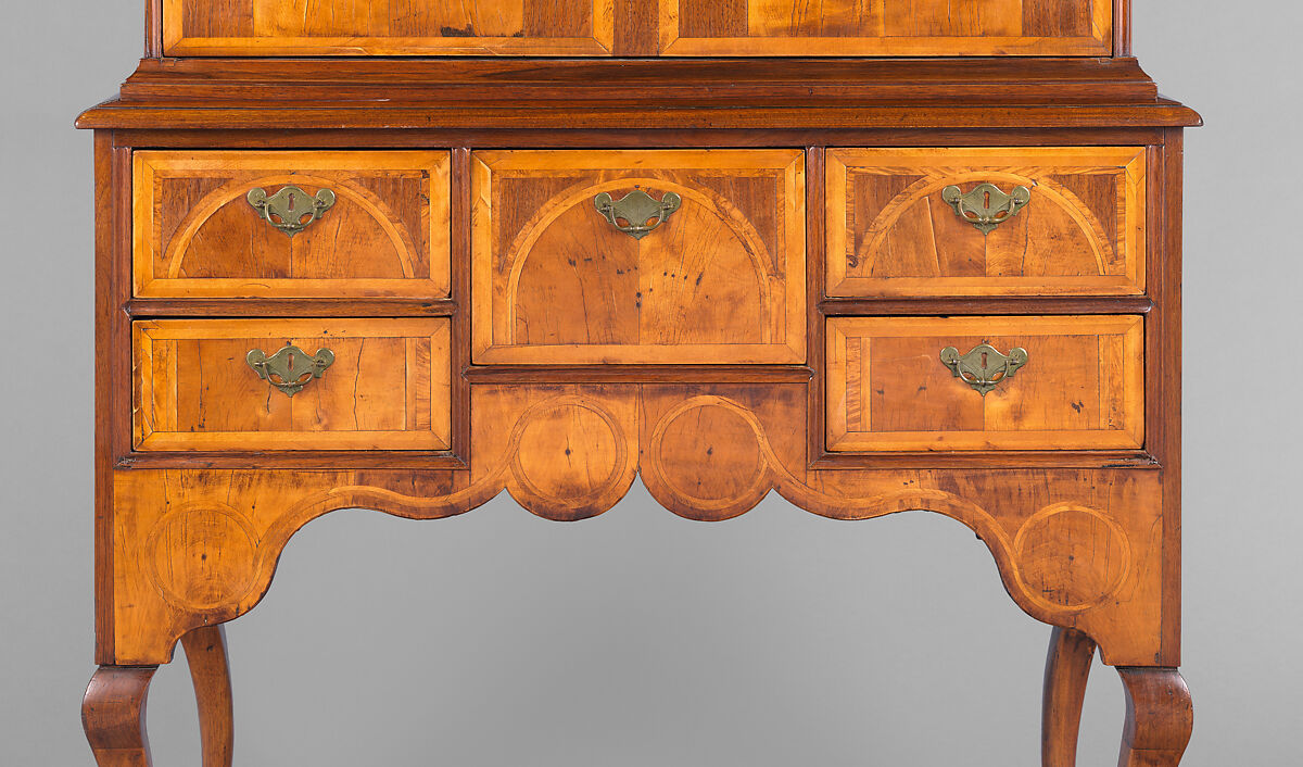 High Chest of Drawers, Walnut , white pine, burl walnut veneers, mahogany; brass, American