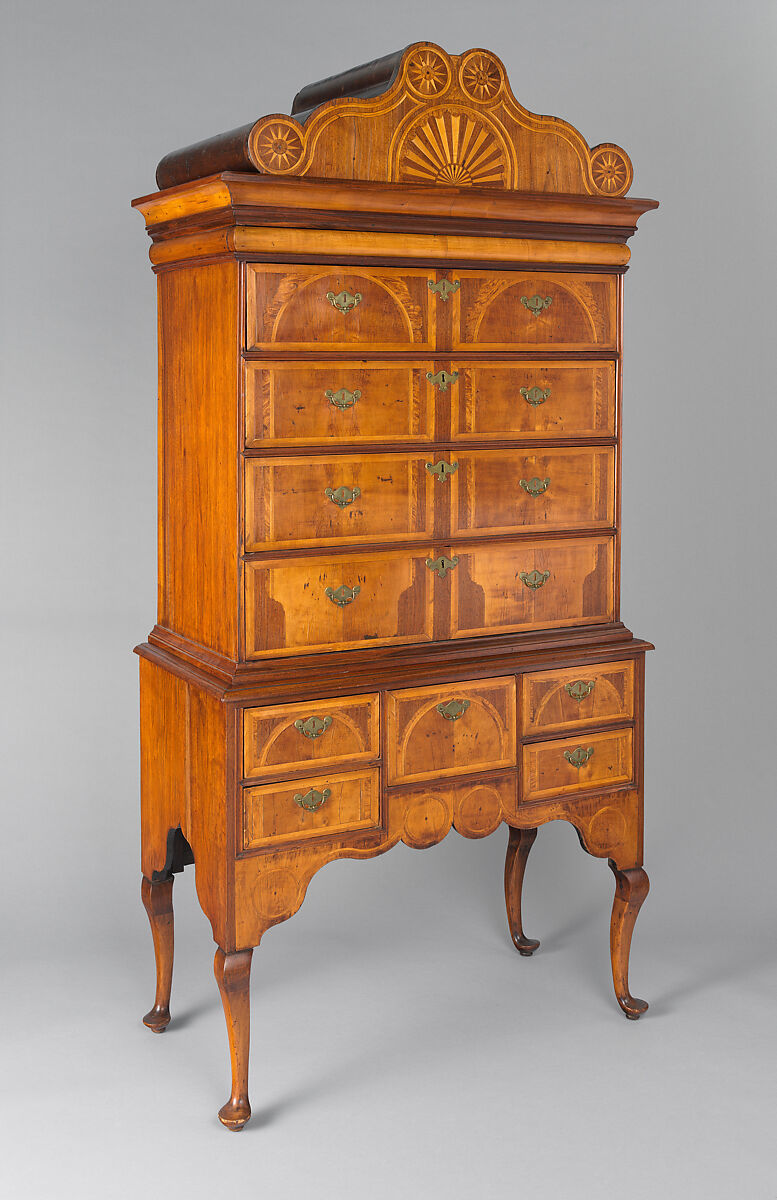 High Chest of Drawers, Walnut , white pine, burl walnut veneers, mahogany; brass, American
